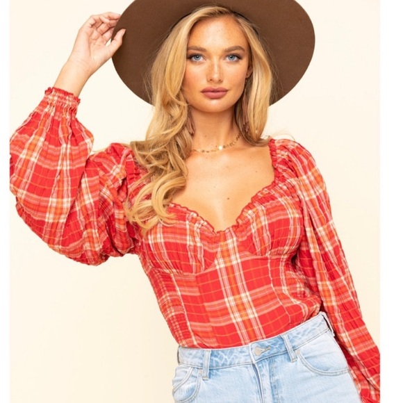 Free People Tops - FREE PEOPLE Cherry Bomb Madrass Plaid Top in Red Hot Size Large New